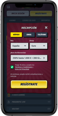 Captura de pantalla móvil de los pasos de registro