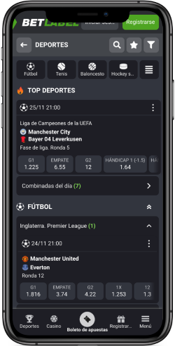 Captura de pantalla móvil de la página de deportes de BetLabel