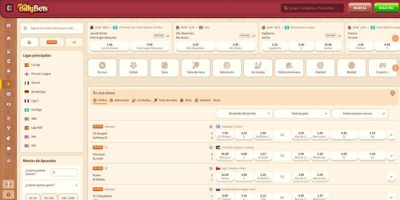 La captura BillyBets de pantalla de la página principal de deportes