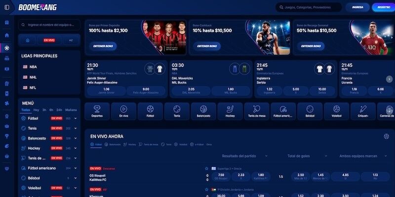 La captura Boomerang Bet de pantalla de la página principal de deportes