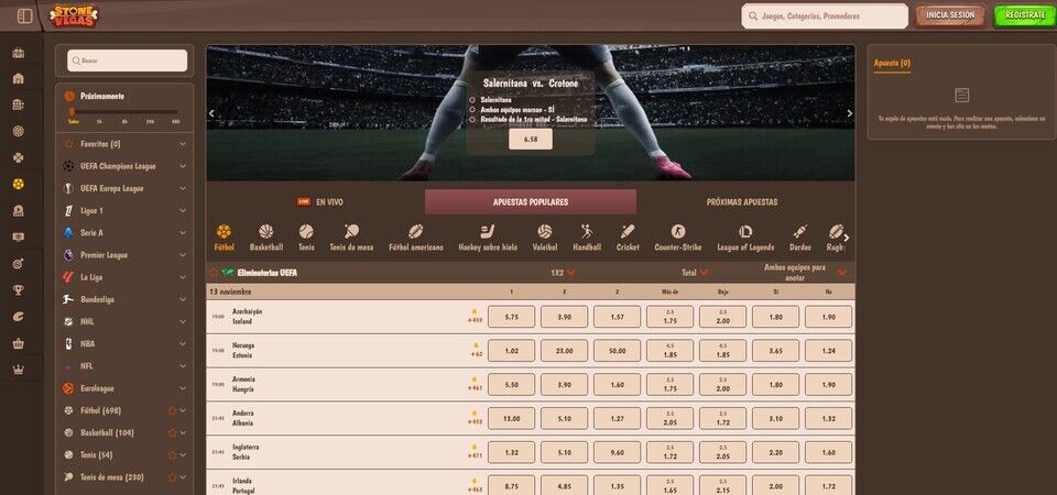 La captura de pantalla Stonevegas de la página principal de deportes