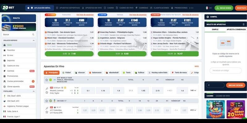 Imagen de la página de deportes de 20Bet