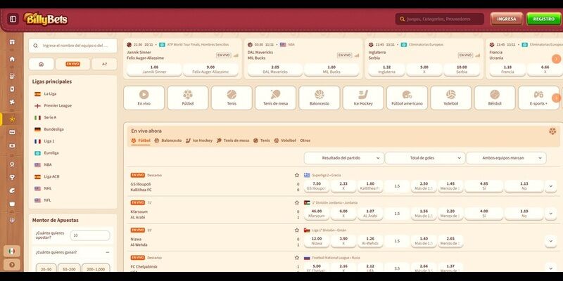 Imagen de la página de deportes de BillyBets