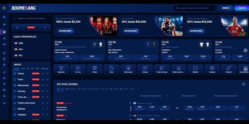 Imagen de la página de deportes de Boomerang Bet