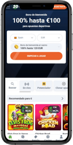 Una captura de pantalla móvil de la página de inicio de 20Bet Casino