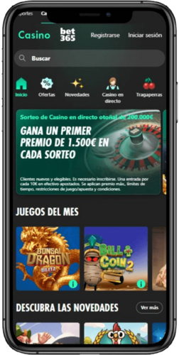 Una captura de pantalla móvil de la página de inicio de bet365 Casino