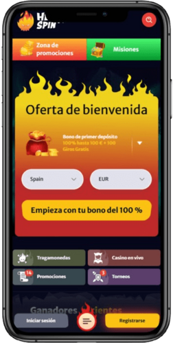 Una captura de pantalla móvil de la página de inicio de HellSpin Casino