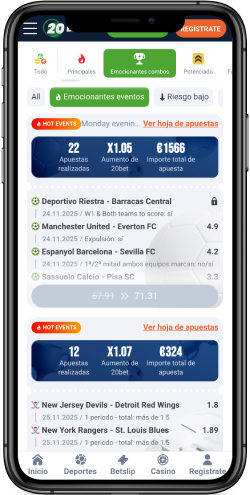 Captura de pantalla móvil de la página principal 20Bet de deportes