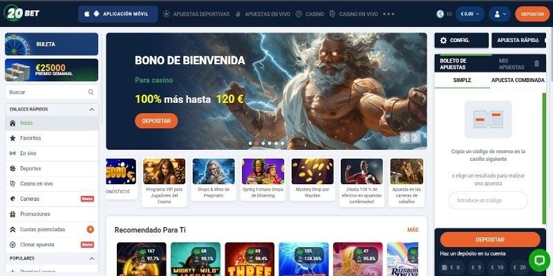 La página principal del casino de 20Bet