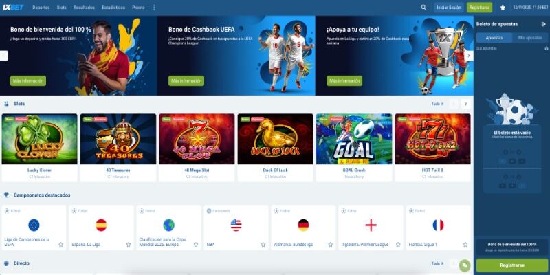 Capture d'écran de la page d'accueil de 1xBet