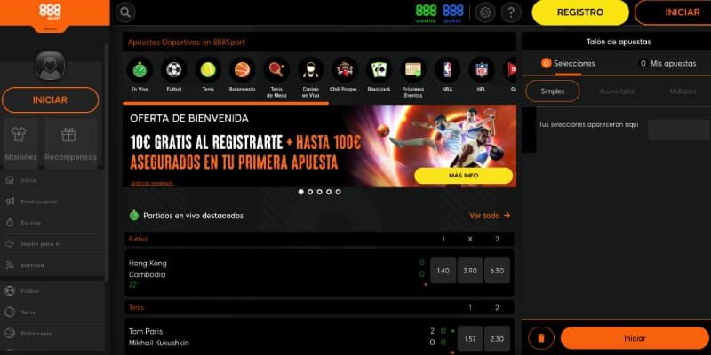 Captura de pantalla de la página de apuestas deportivas de 888sport