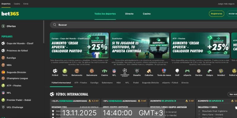 Captura de pantalla de la página de apuestas deportivas de Bet365