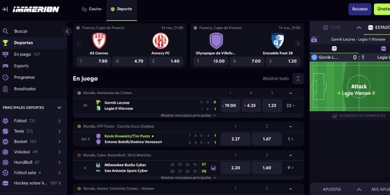 Captura de pantalla de la página de apuestas deportivas de Immerion