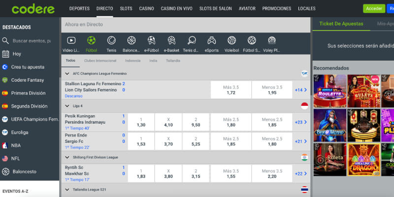 Captura de pantalla de la página de apuestas deportivas de Codere