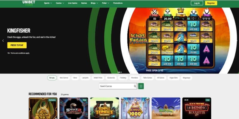 Captura de pantalla de la página del casino Unibet