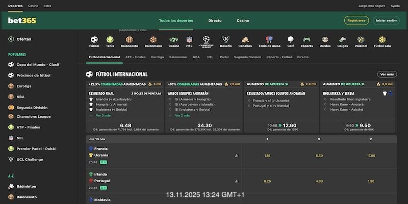 Captura de pantalla de la página de deportes de bet365