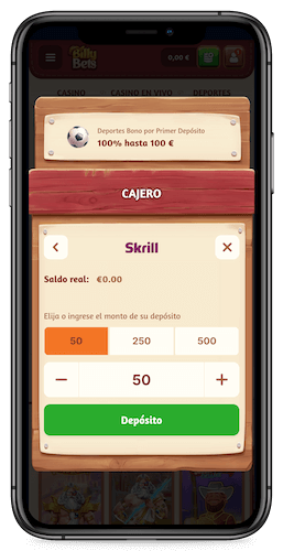 Captura de pantalla móvil del depósito de BilliBets con Skrill.