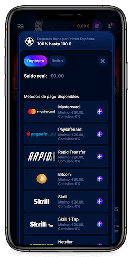 Captura de pantalla móvil del depósito de Boomerang Bet con USDT