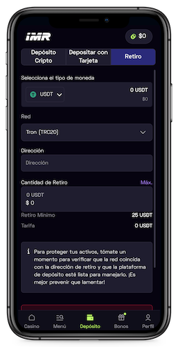 Captura de pantalla móvil de Immerion retirando fondos con USDT.
