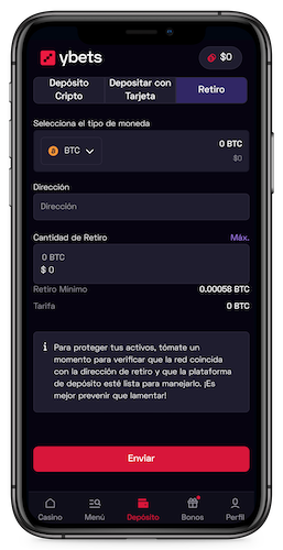 Captura de pantalla móvil de Ybets retirando fondos con criptomonedas.