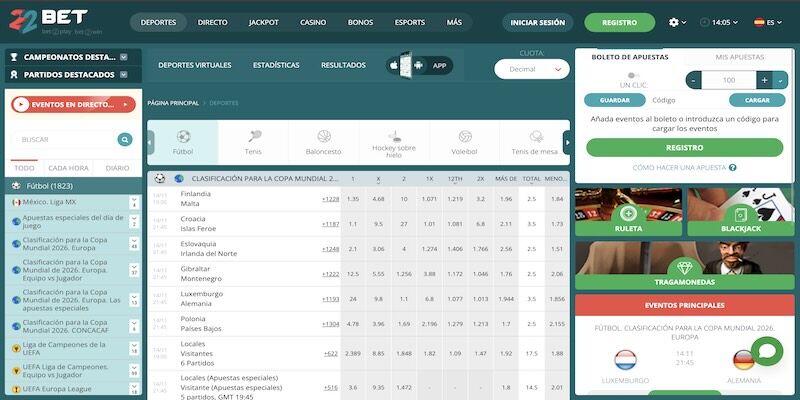 Captura de pantalla de la página de deportes de 22bet.