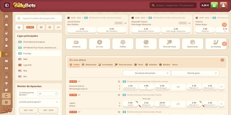 Captura de pantalla de la página de deportes de BillyBets.