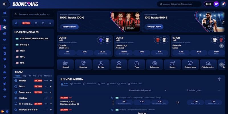 Captura de pantalla de la página de deportes de Boomerang Bet.