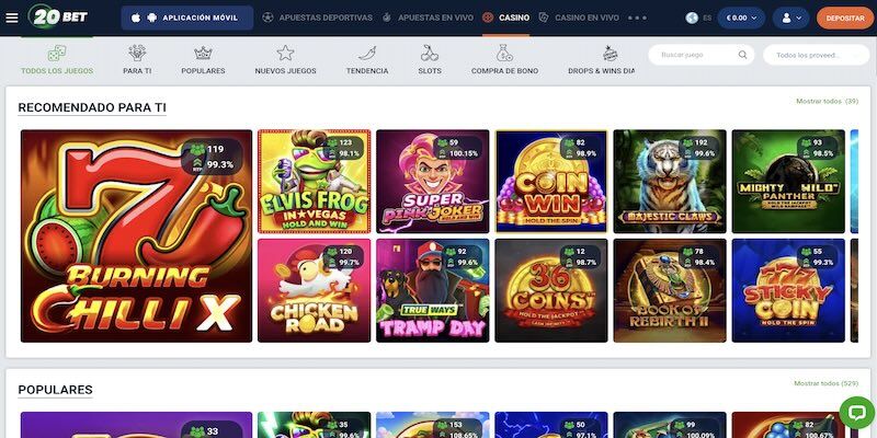 Captura de pantalla de la página del casino 20bet.