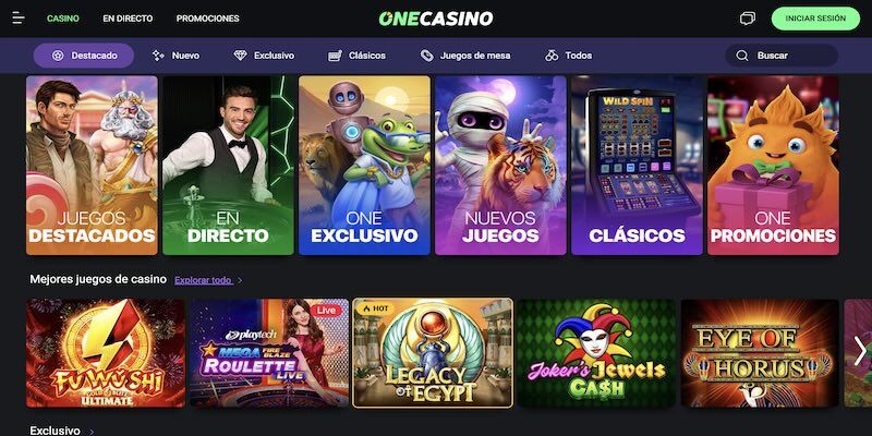 Captura de pantalla de la página del casino OneCasino.