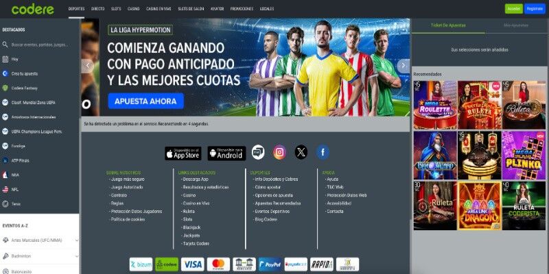 la captura de pantalla de la página principal Codere