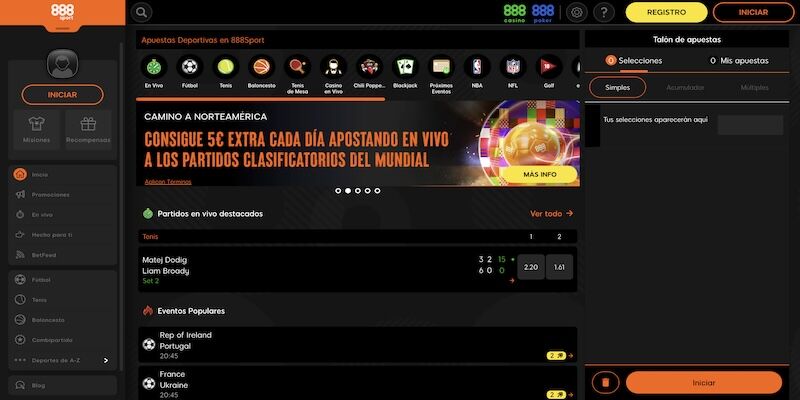 Captura de pantalla móvil de la página de deportes de 888sport.