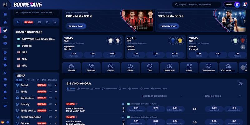 Captura de pantalla móvil de la página de deportes de Boomerang Bet.