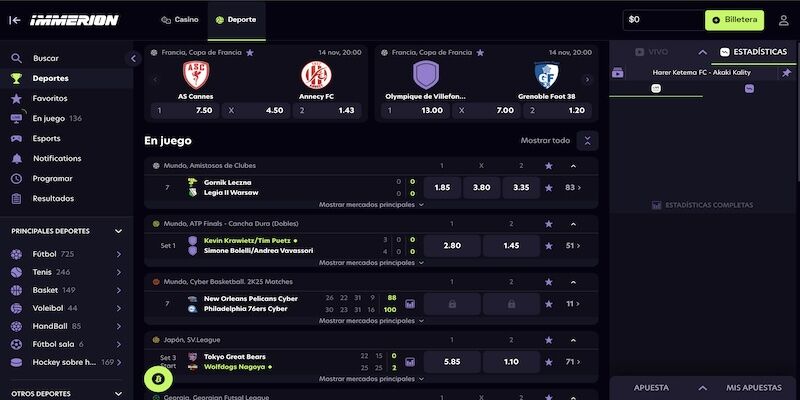 Captura de pantalla móvil de la página de deportes de Immerion.