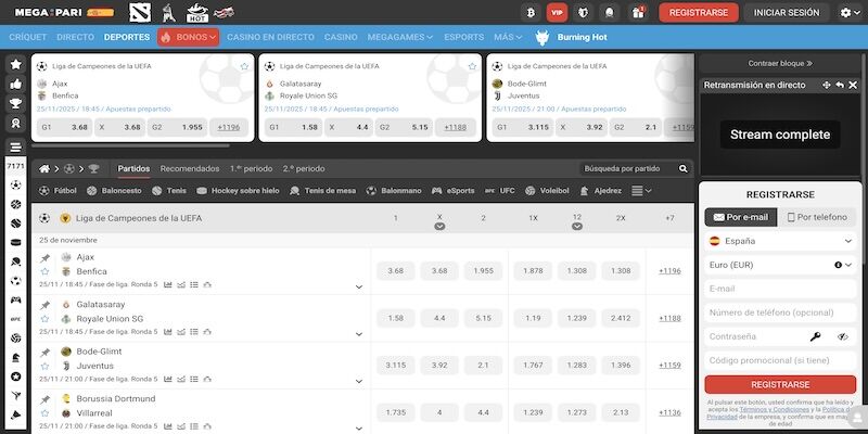 Página de deportes de Megapari