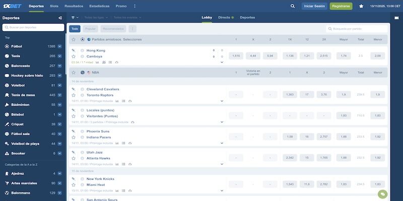 Captura de pantalla de la página de deportes de 1xBet