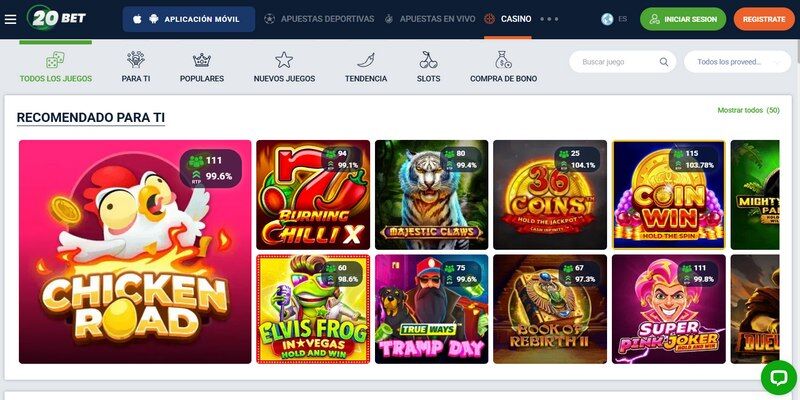 La página principal del casino de 20Bet