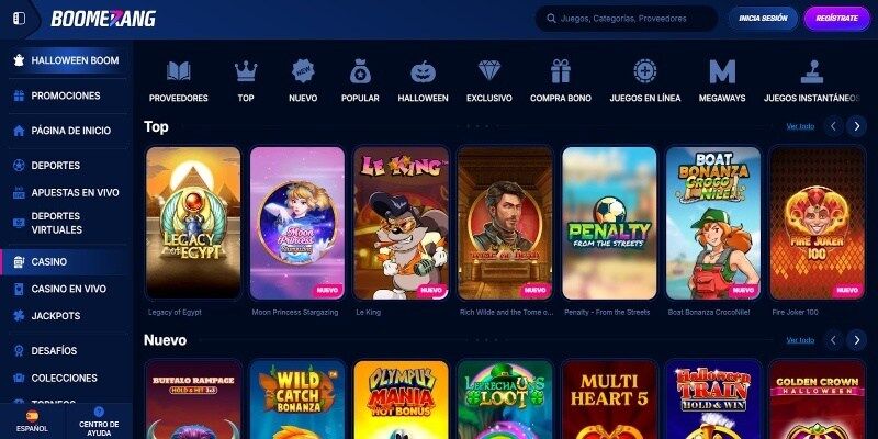La página principal del casino de Boomerang-bet