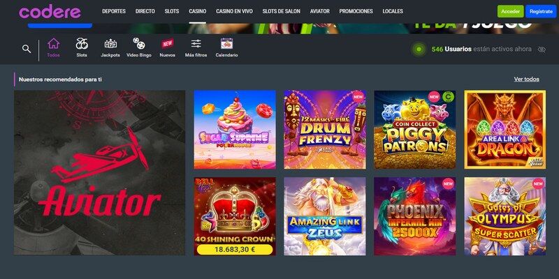 La página principal del casino de  Codere