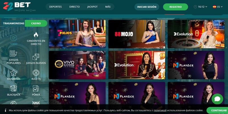 La página principal del casino de 22bet