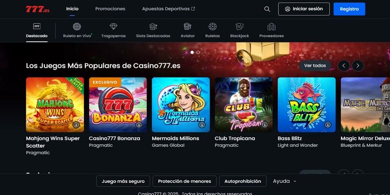 La página principal del casino de Casino777