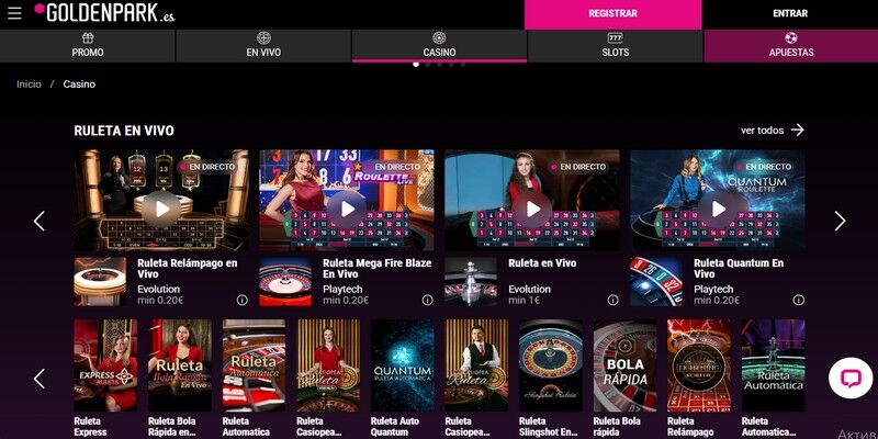 La página principal del casino de GoldenPark