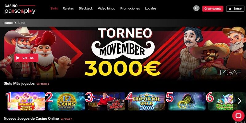 La página principal del casino de Pause & Play