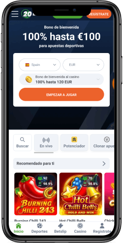 Captura de pantalla móvil de la oferta de bienvenida del casino 20Bet