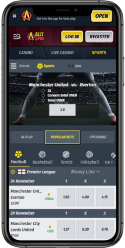 Página principal de la casa de apuestas AllySpin