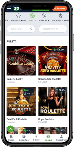 Captura de pantalla móvil 20Bet de la página del casino.