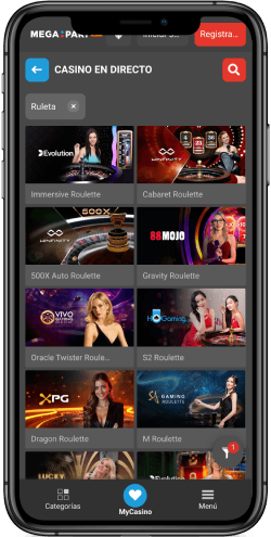 Captura de pantalla móvil Megapari de la página del casino.