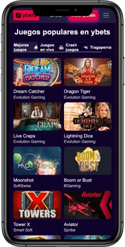 Captura de pantalla móvil Ybets de la página del casino.