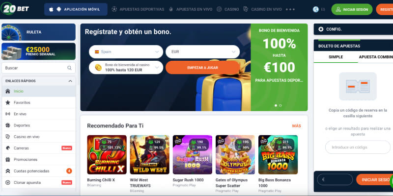 Captura de pantalla de la página de deportes de 20Bet