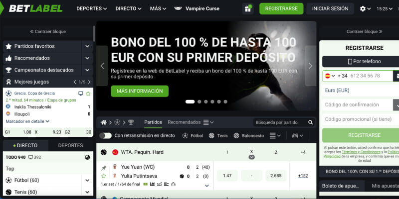 Captura de pantalla de la página de deportes de BetLabel
