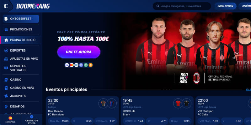 Captura de pantalla de la página de deportes de Boomerang Bet